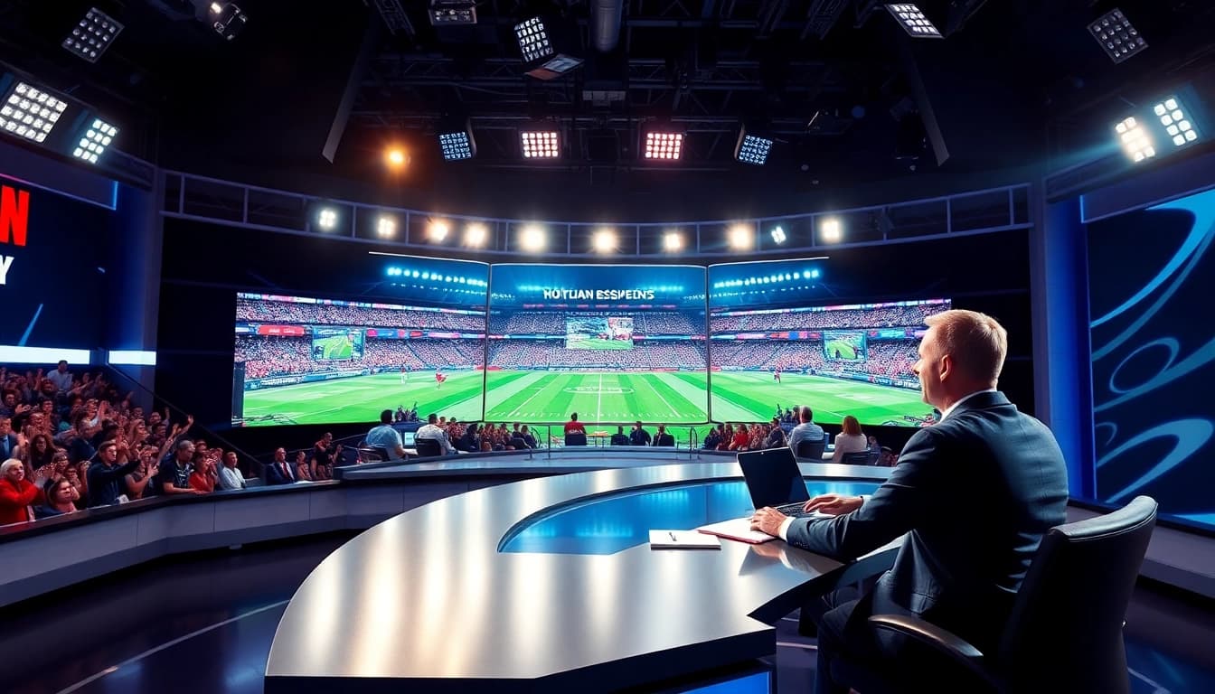 Engaging sports broadcasting scene with a host delivering updates, energetic studio atmosphere.
