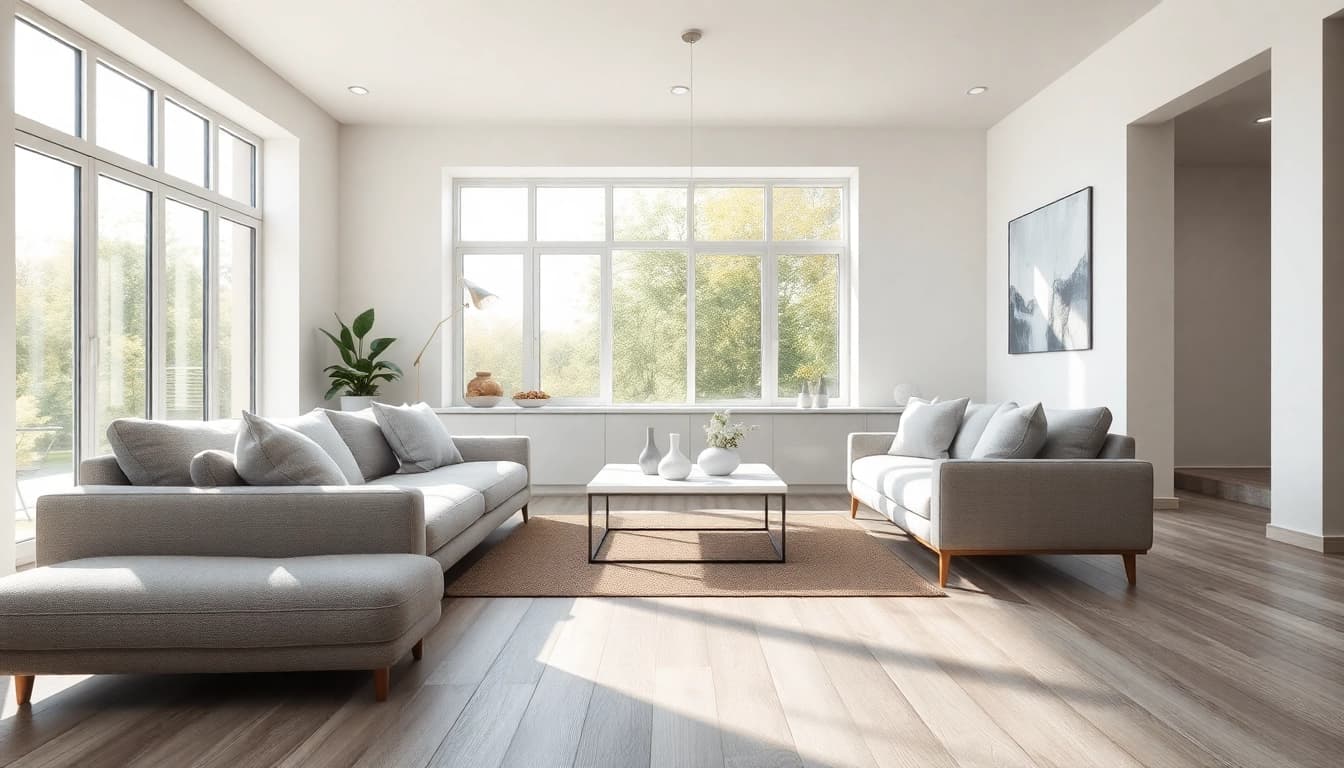 Enhance your space with grey vinyl flooring, showcased beautifully in a modern living room.