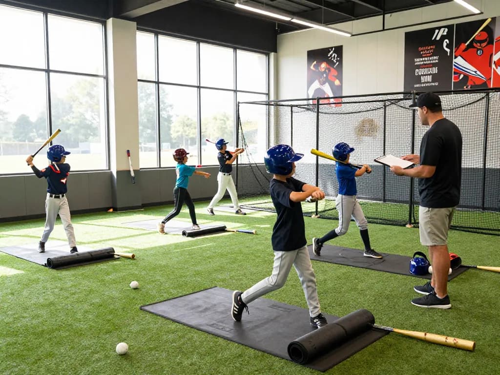 hitclub training session with young athletes practicing swings in a vibrant indoor batting cage