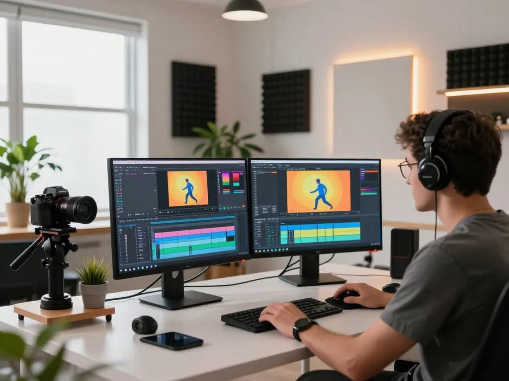 Video editing workspace showcasing mind control concepts, with program screens and creative tools.
