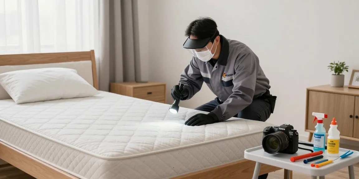 Professional bed bug exterminators inspecting a bedroom for infestations, ensuring safety and comfort.