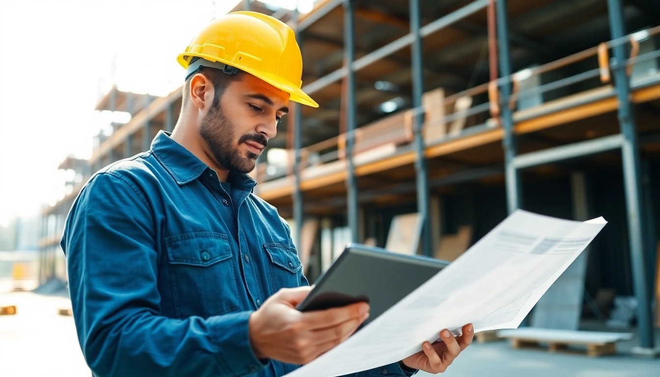 New York General Contractor reviewing plans at an active construction site for project success.