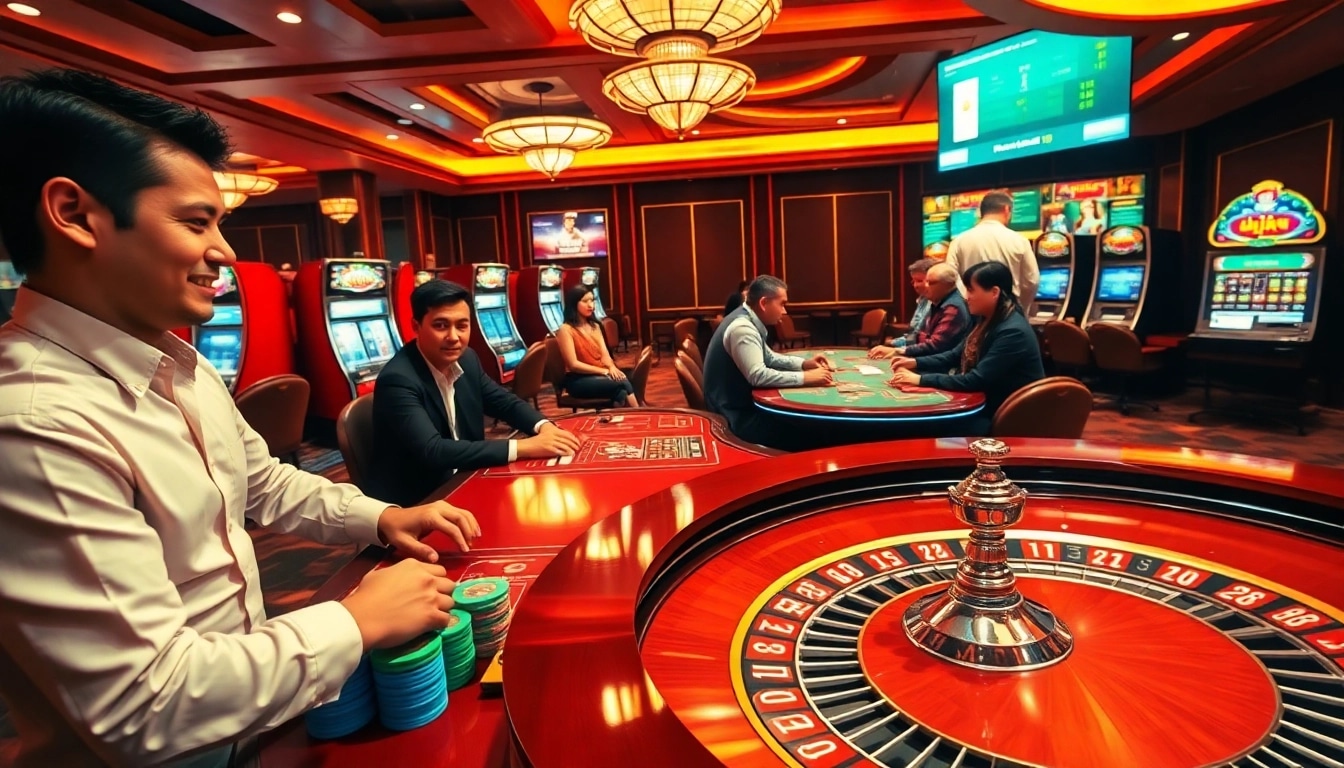 A high-energy gambling scene at Nhà Cái 68VIP featuring a roulette table and focused poker players.
