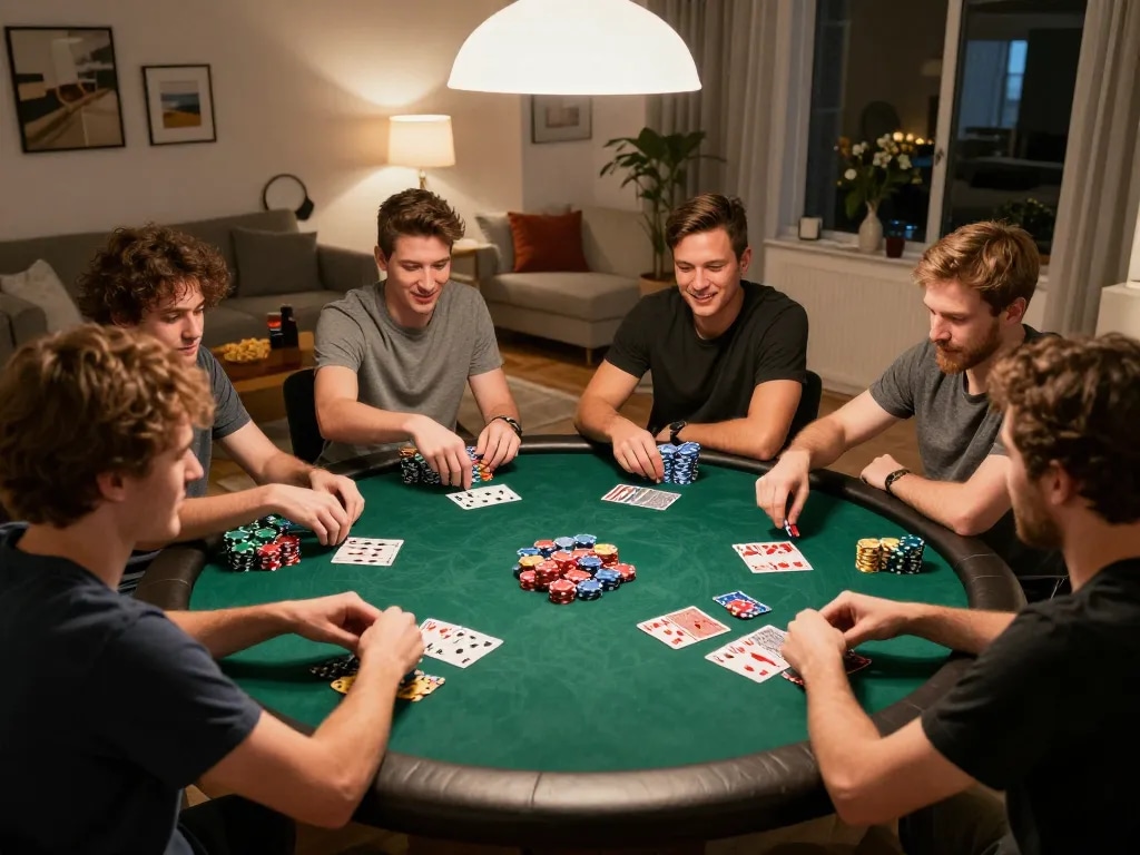 Friends engaging in a lively poker game with vibrant chips during a gk88 gaming night.
