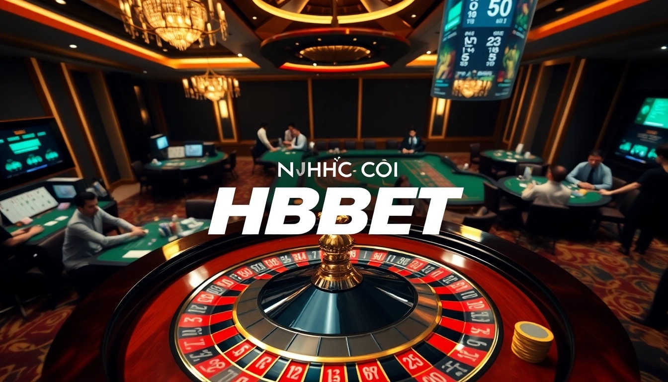 Engaging scene at NHÀ CÁI HBBET showcasing a lively casino atmosphere with roulette and players.