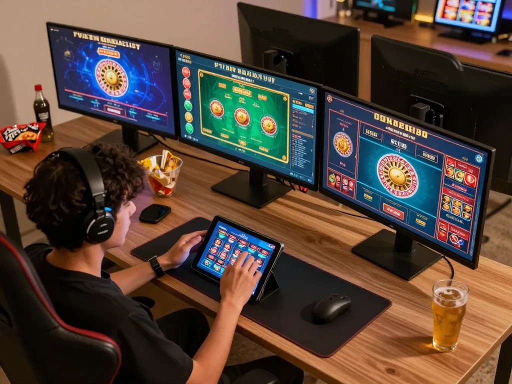 manclub gaming setup showing engaging online casino gameplay with multiple screens and cozy atmosphere