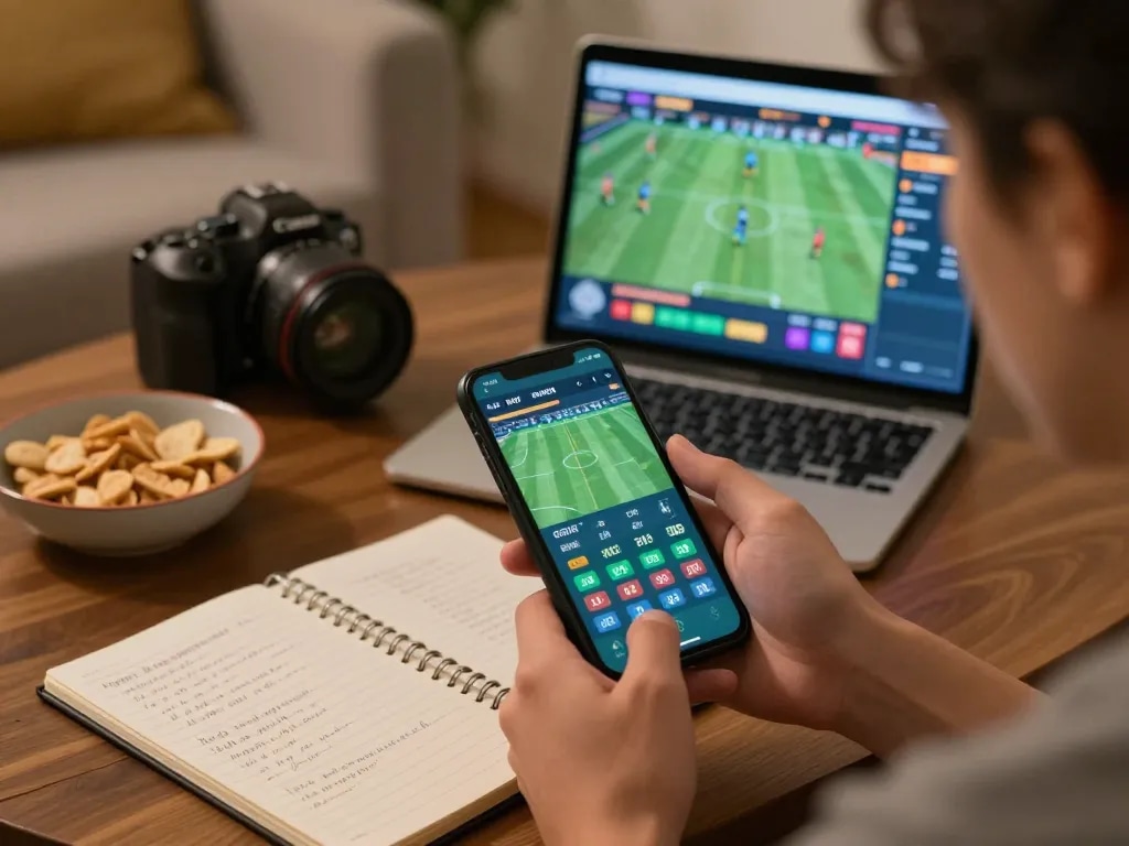 Engaged person using smartphone for soi kèo bóng đá, showcasing live betting odds and strategies in a cozy environment.