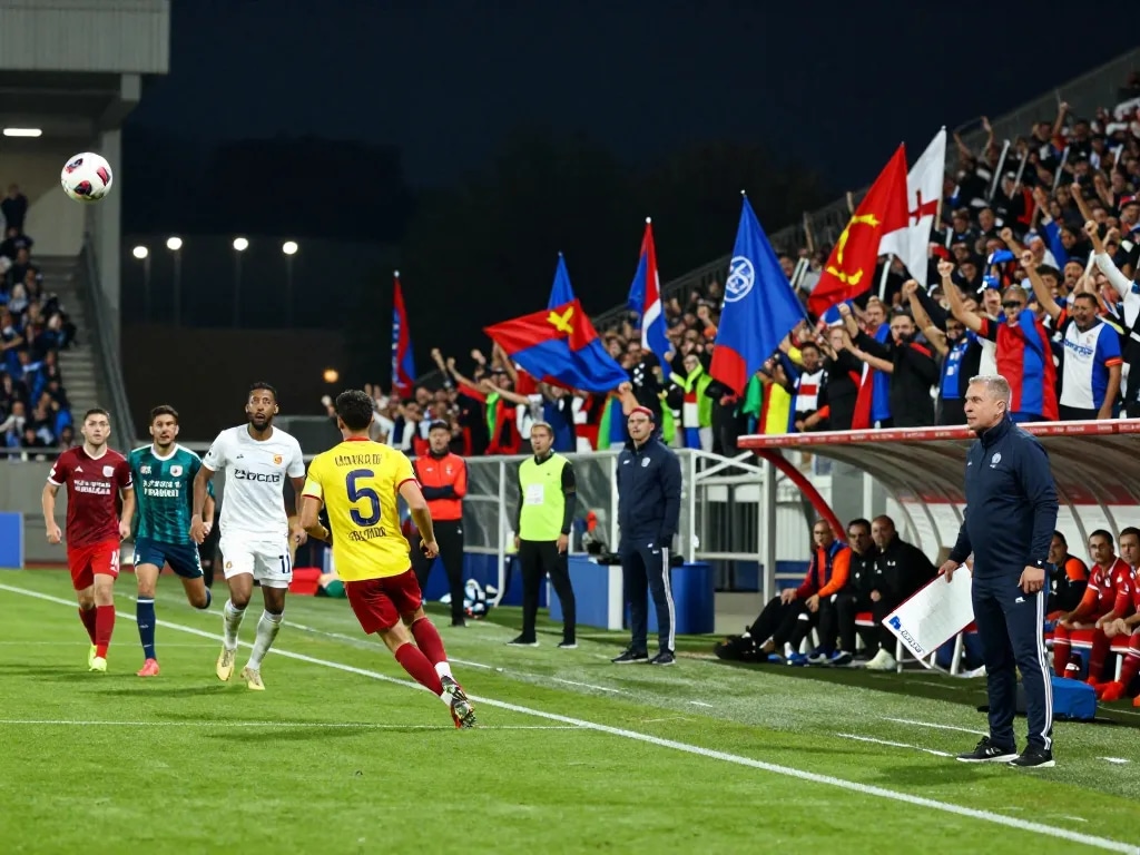 Exciting football match action featuring players competing passionately and a cheering crowd, showcasing ฟุตบอล in full swing.
