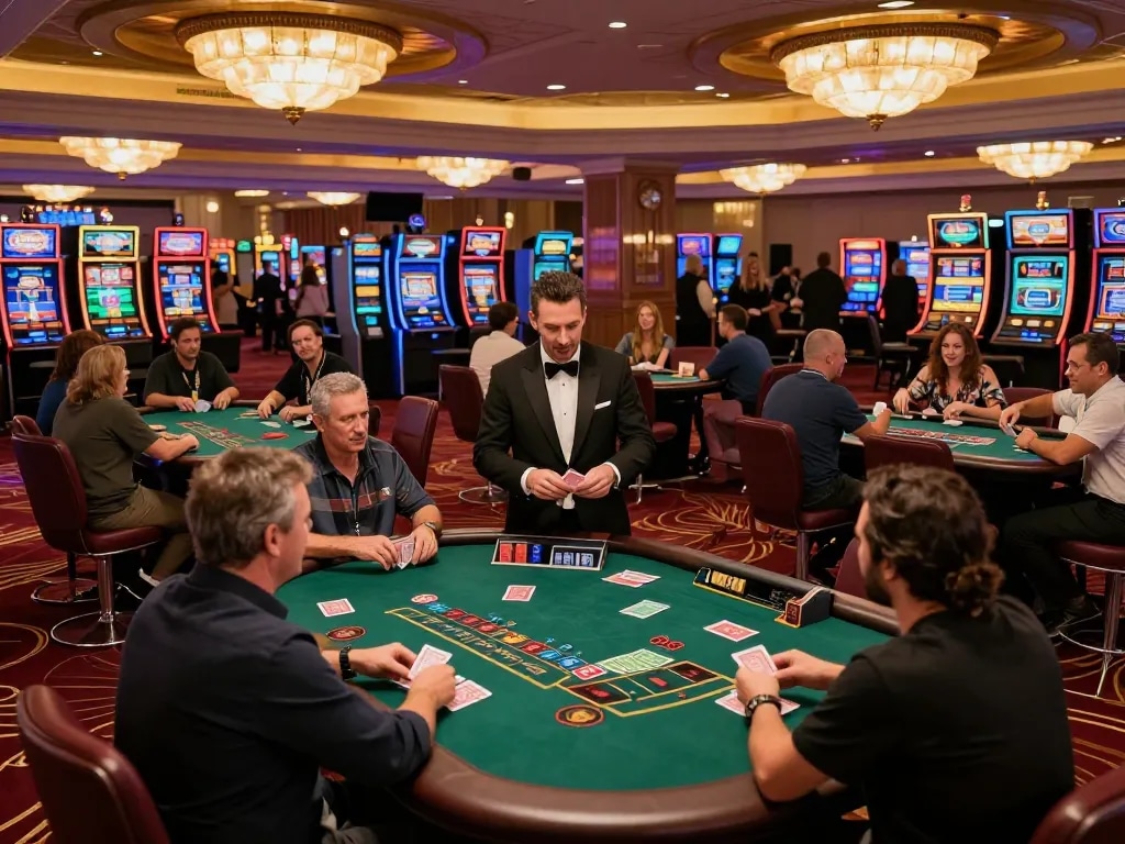 Players strategizing at cm88 blackjack tables in a vibrant casino atmosphere