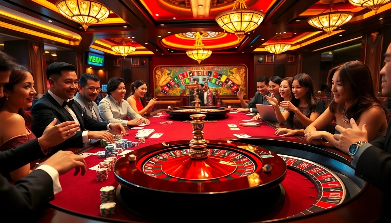 Excited players engaging at a Lô đề 69VN gambling table with colorful chips and cards.