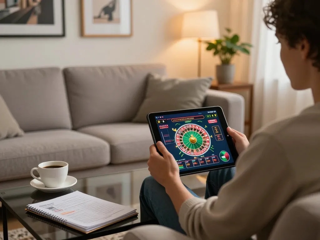 KJC engages players with a vibrant roulette game on a tablet in a cozy setting.