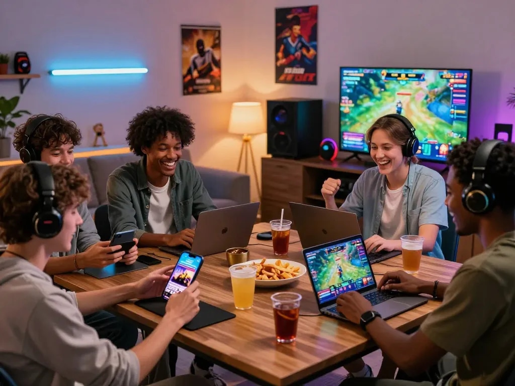 Friends enjoying a fun gaming night with 789club on various devices in a vibrant living room.