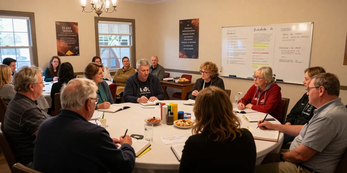 Diverse group studying Revelation Explained in a cozy church hall, engaging in meaningful discussions and sharing hope.