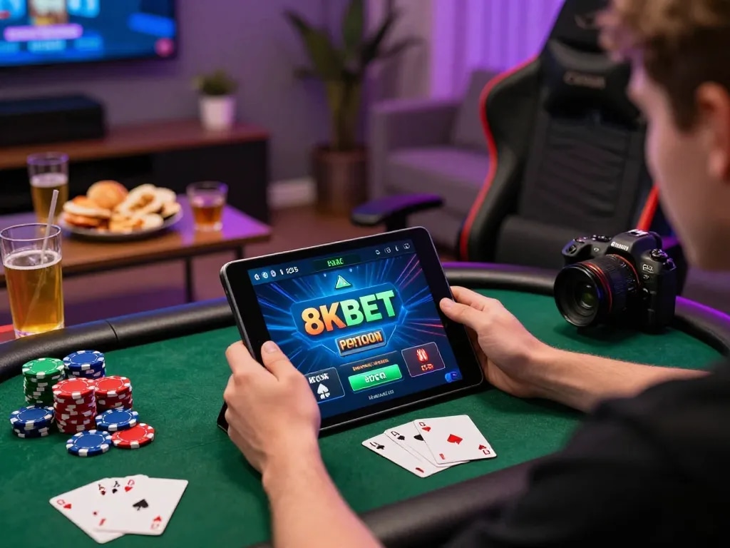 Engaging user experience on the 8KBET online gambling platform featuring gaming accessories and an inviting atmosphere.