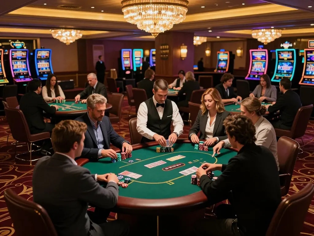 Engaged players at F168 poker tables with a professional dealer showcasing dynamic gaming experience.