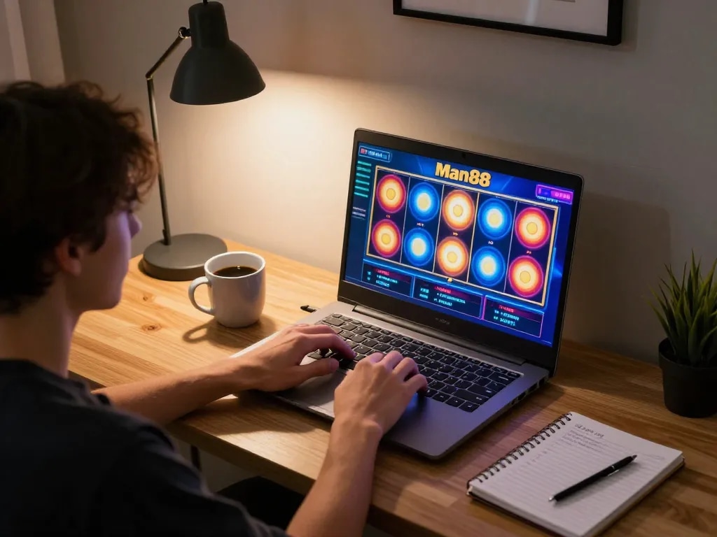Player engaging in online slots on Man88, showcasing colorful reels and strategic gaming notes