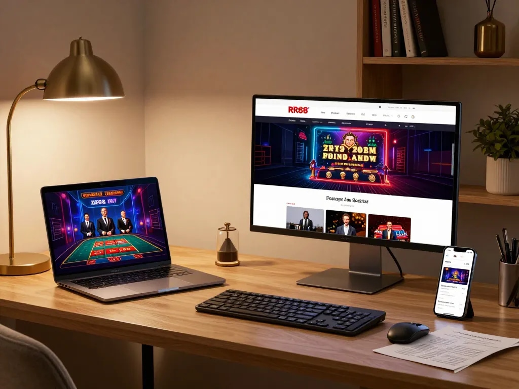 Engaging in online gaming with the RR88 casino setup showcasing strategic gameplay and a sophisticated home environment.