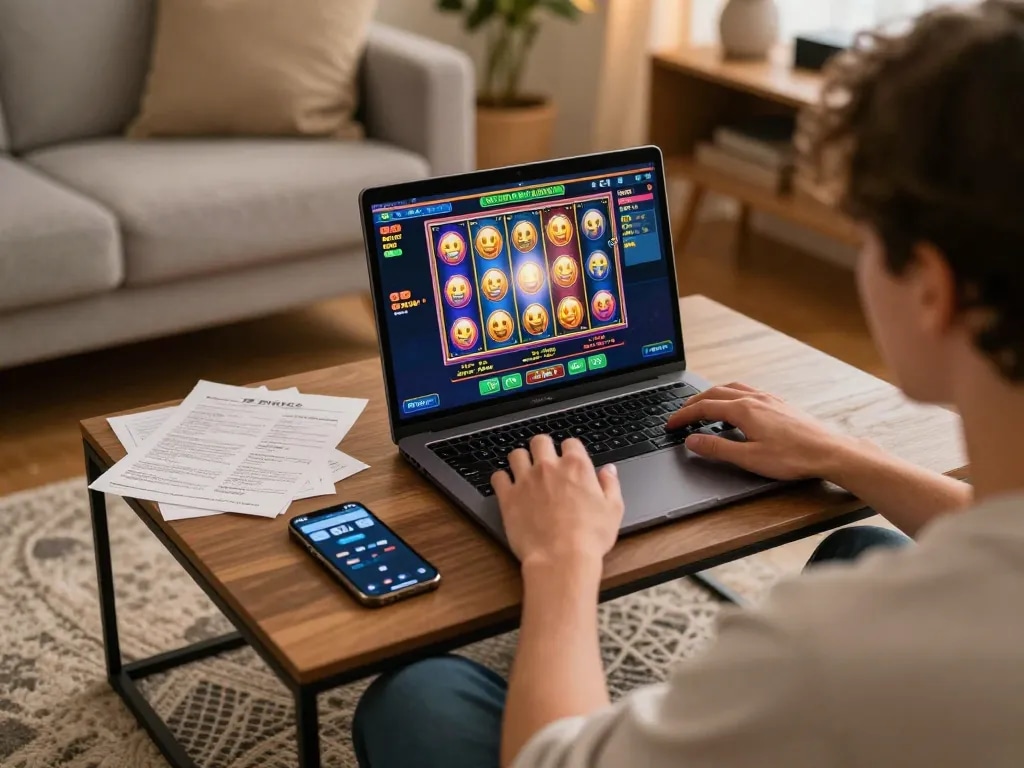 Player enjoying a PH22 online gaming experience on laptop with a cozy home setup
