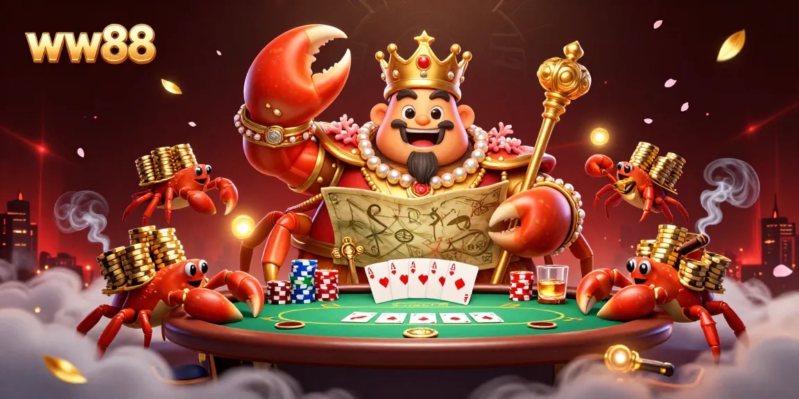 ww88 captures the thrill of winning at an online casino, featuring a golden crab emperor amidst poker elements.