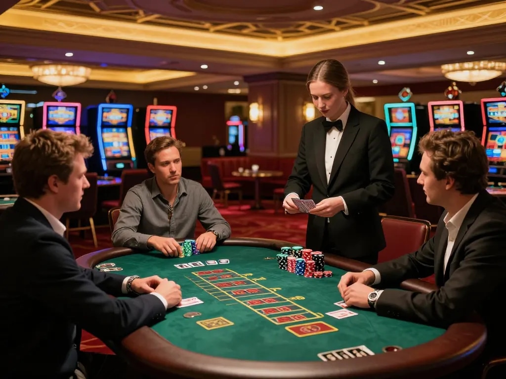 Players at a blackjack table strategizing their moves at FC88 casino, surrounded by vibrant lighting and glamour.
