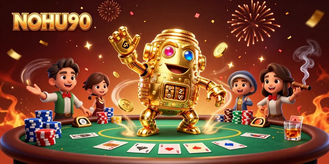 Experience the excitement of NOHU90 with a golden golem and dynamic poker scene.