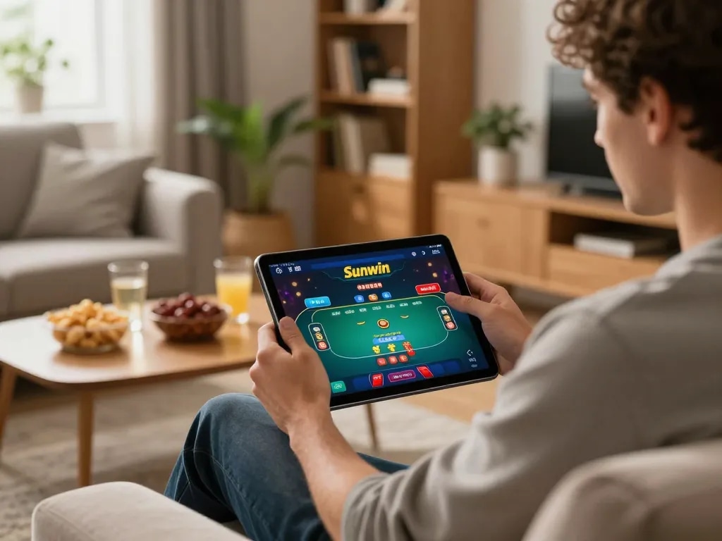 Sunwin app showcased on tablet during online gaming session, player analyzing poker bets with engaging atmosphere.