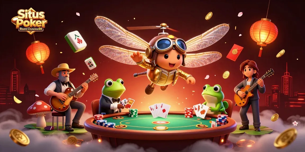 Situs Poker Online Resmi Domino88 showcases a vibrant poker scene with dragonfly pilot and frog croupier