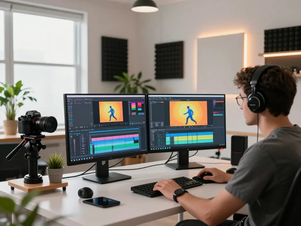 Video editing workspace showcasing mind control concepts, with program screens and creative tools.
