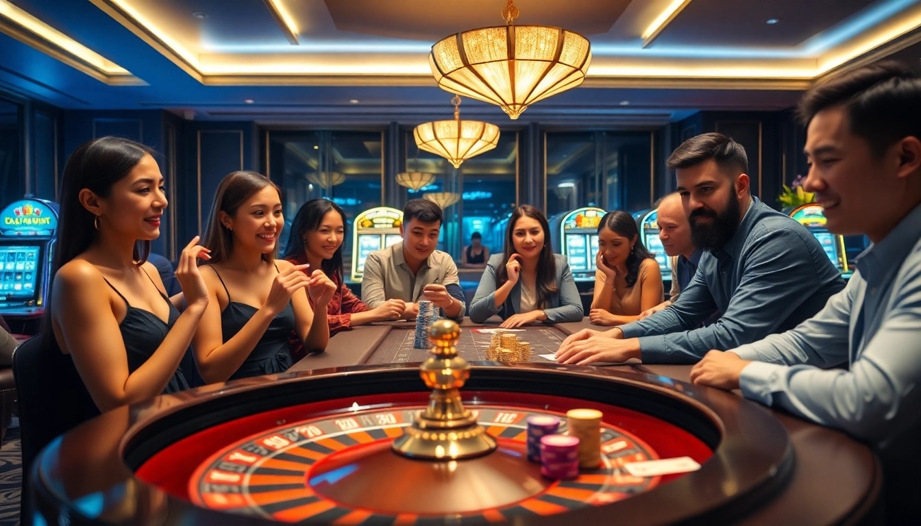Xổ số hôm nay excitement with players at a luxurious casino table, enjoying poker and roulette.