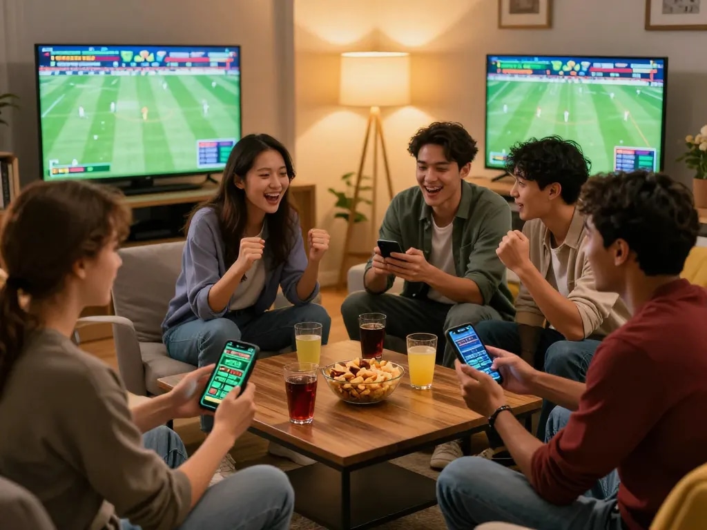 Engaging in trực tiếp đá bóng betting strategies with friends in a lively home setting, surrounded by screens showing live matches.