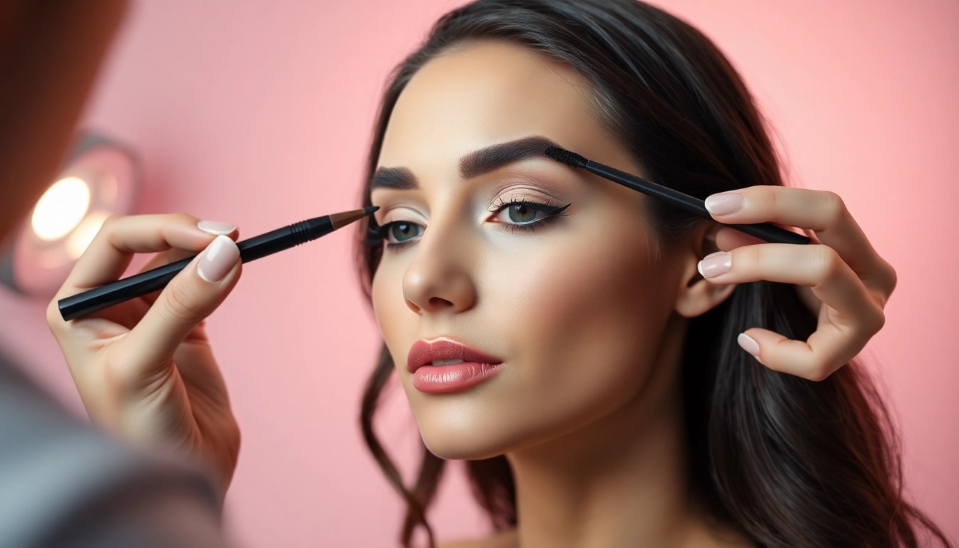 Apply the skone cosmetics brow wand for perfectly defined brows in a stylish makeup studio.
