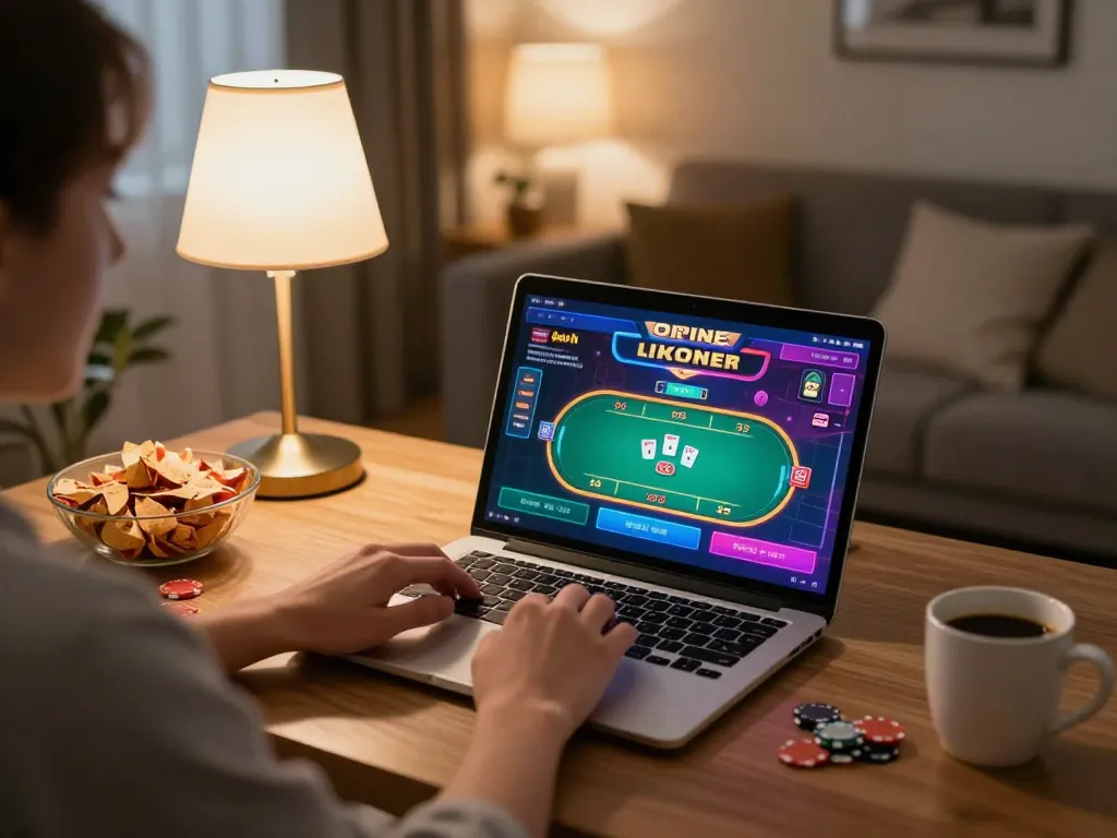F168 online gaming scene with a person engaged in a poker game on their laptop