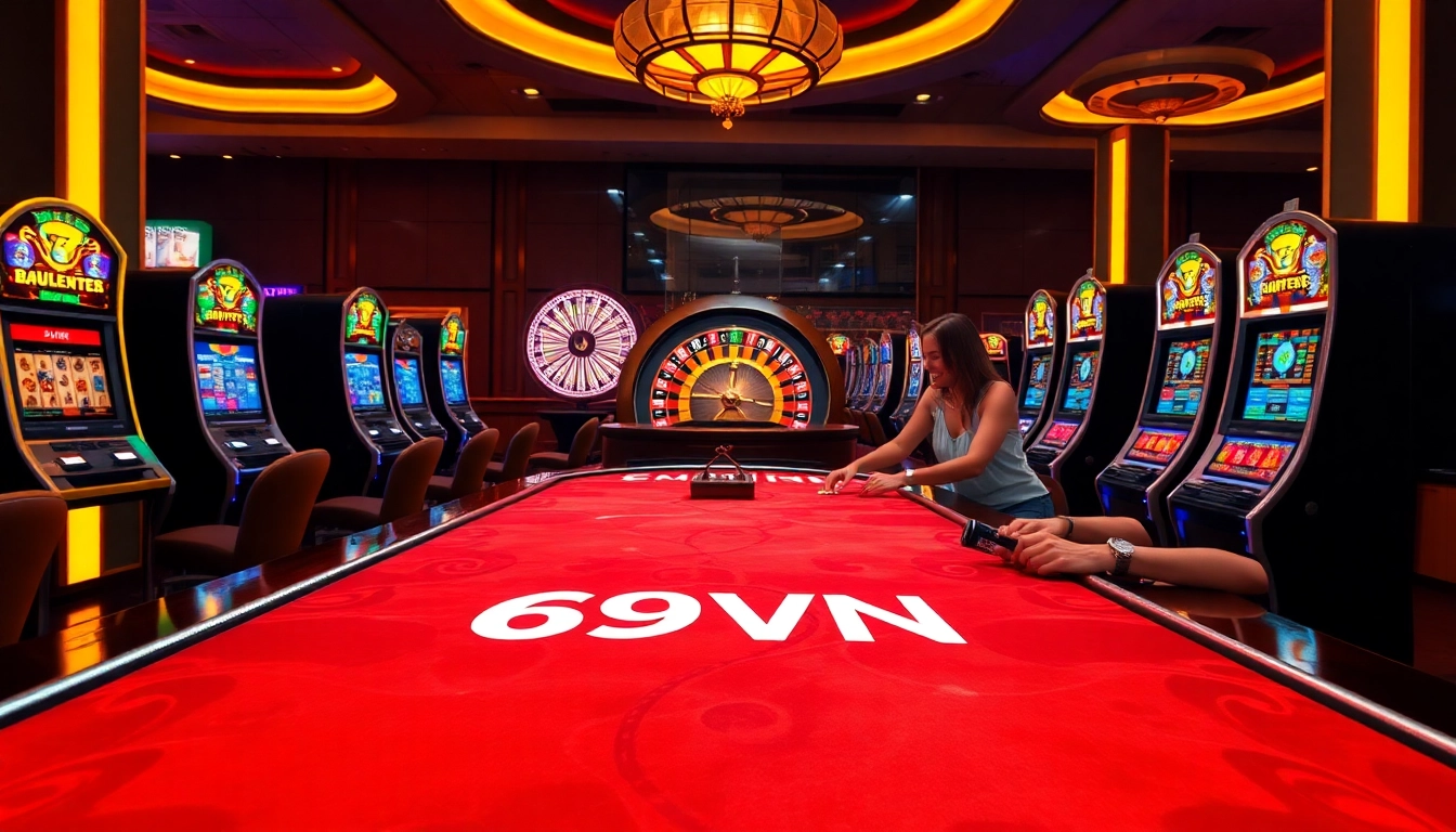 Players engaging with the 69VN casino interface while enjoying a vibrant gambling atmosphere.