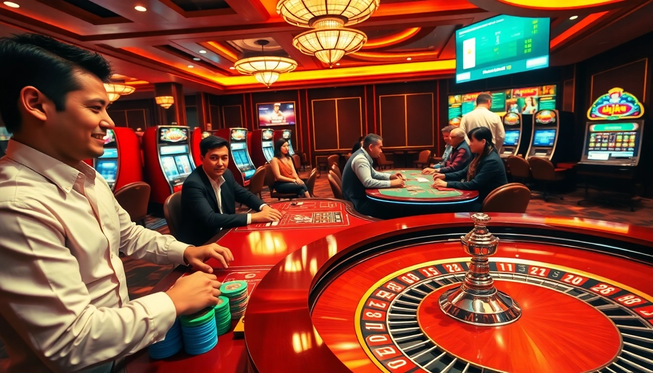 A high-energy gambling scene at Nhà Cái 68VIP featuring a roulette table and focused poker players.