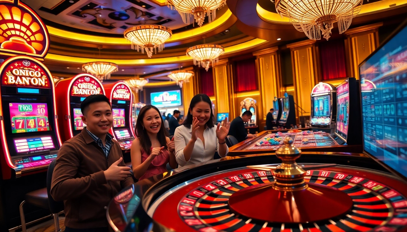 Nổ hủ gaming excitement captured in a vibrant casino scene with players engaging at slot machines and roulette tables.