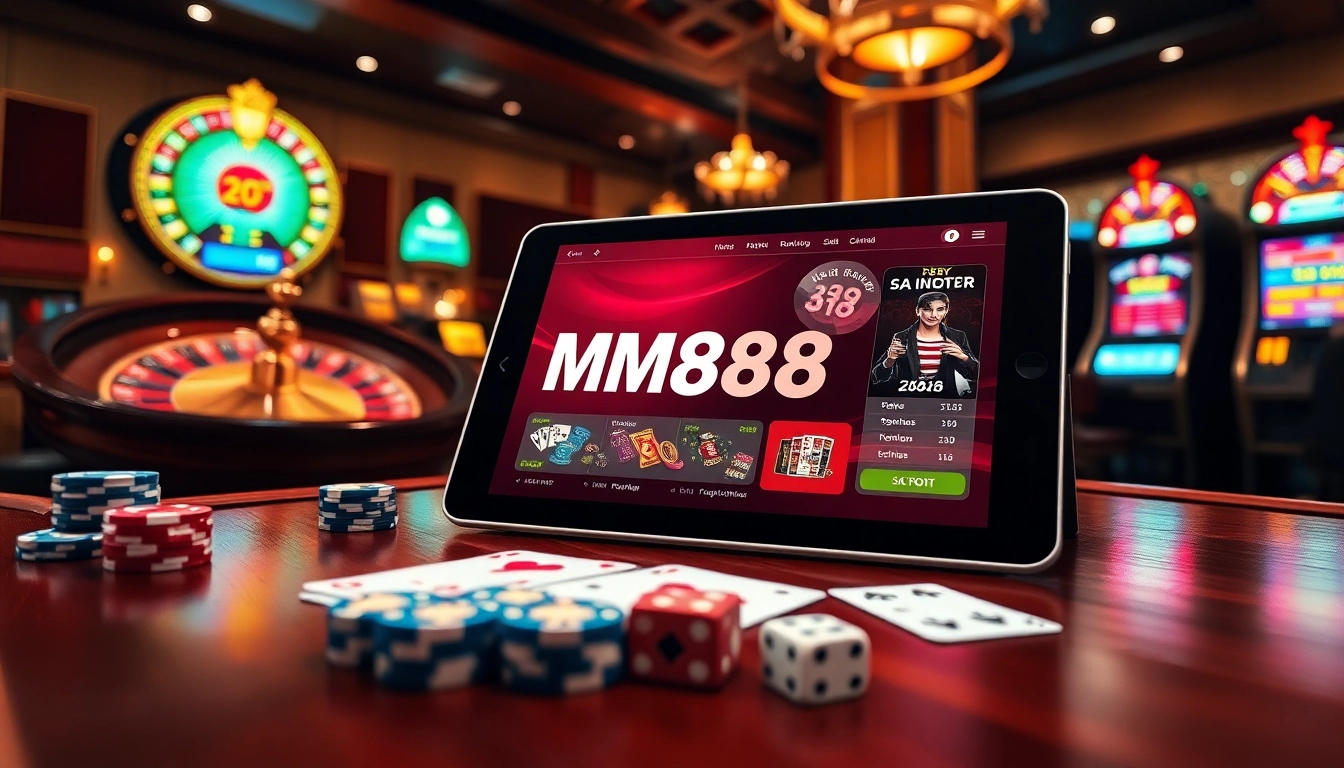 Experience the thrill of MM88 online gambling with vibrant casino elements, roulette, and lively slot machines.