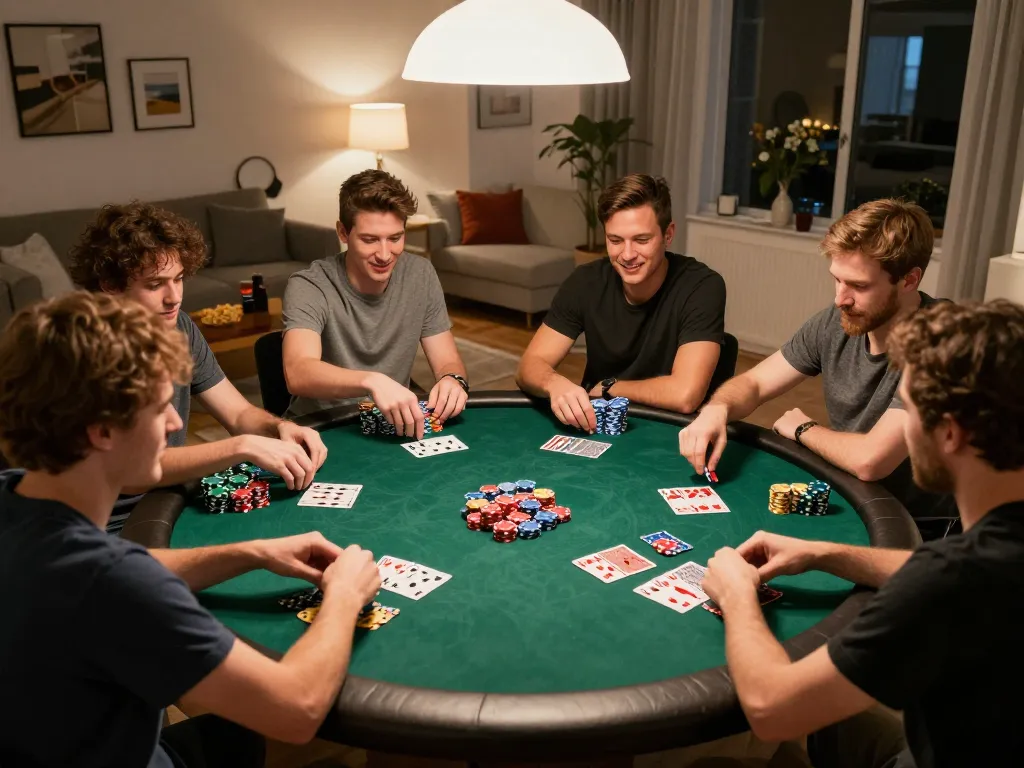 Friends engaging in a lively poker game with vibrant chips during a gk88 gaming night.