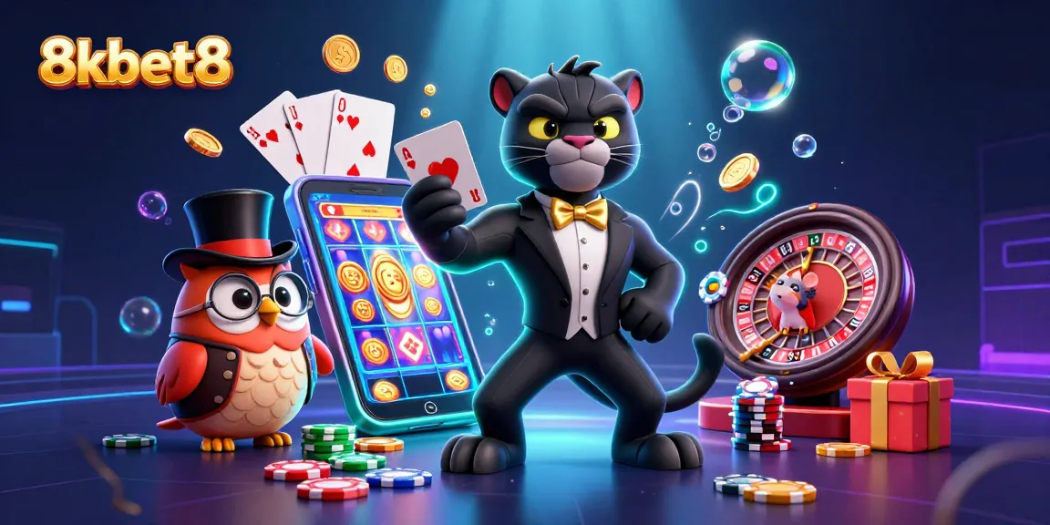 Engage with thrilling games at 8kbet8, showcasing a lively casino scene with playful characters and vibrant action.