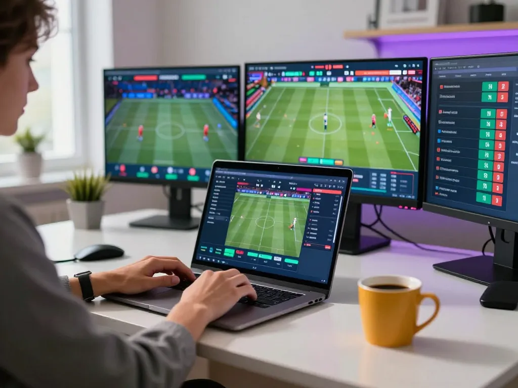 Tỷ lệ kèo nhà cái hôm nay analysis on multiple screens during sports betting session.