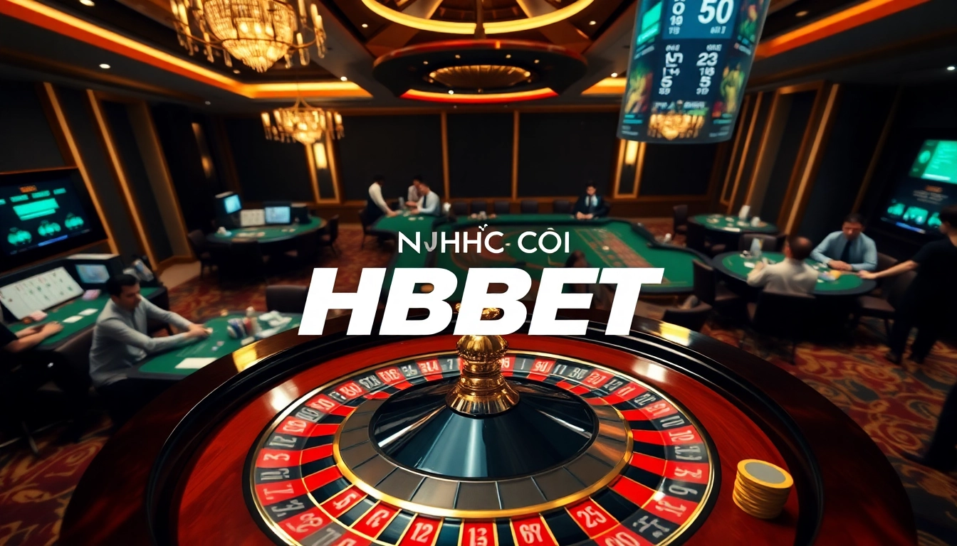 Engaging scene at NHÀ CÁI HBBET showcasing a lively casino atmosphere with roulette and players.