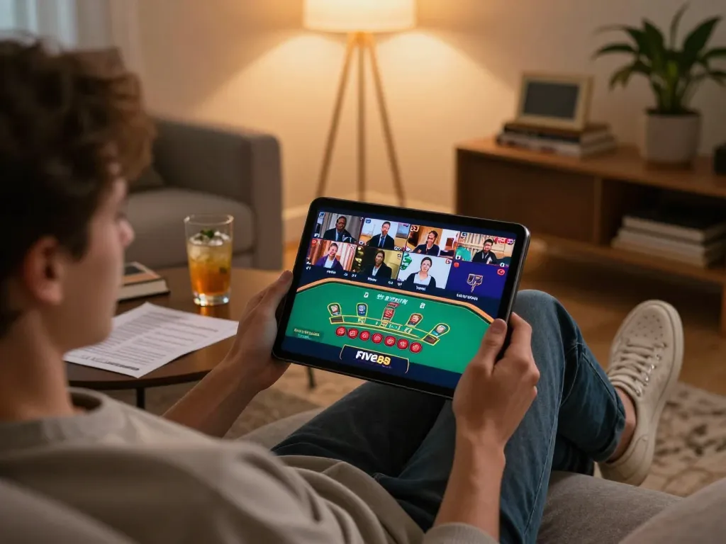 Engaging with Five88 online to play blackjack on tablet in a stylish living room