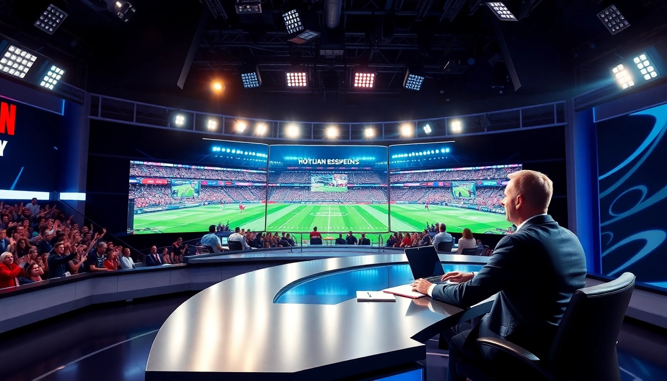 Engaging sports broadcasting scene with a host delivering updates, energetic studio atmosphere.