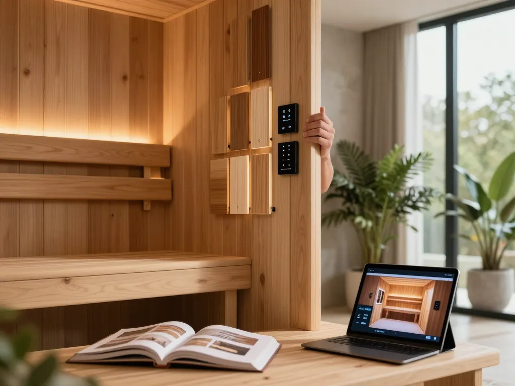 Customize your own sauna with wood textures and modern design elements for personalized sauna customization.