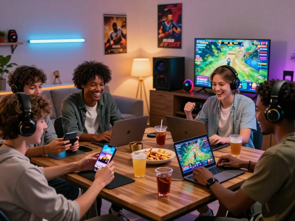 Friends enjoying a fun gaming night with 789club on various devices in a vibrant living room.