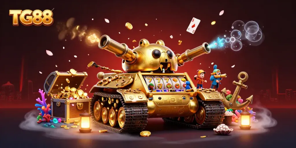 Experience TG88's entertaining casino atmosphere with golden beetle tank and vibrant game elements.