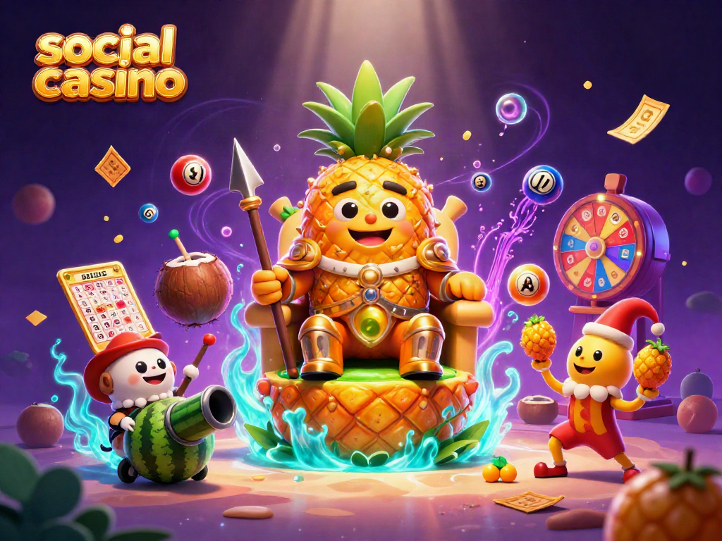 Engage in the exciting atmosphere of a social casino with vibrant characters and dynamic gaming elements.