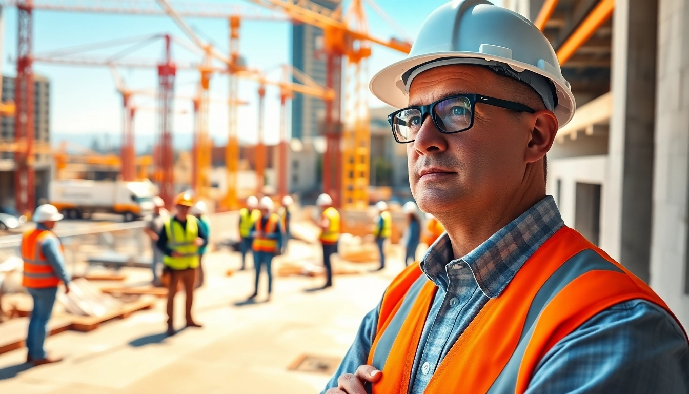 New York Construction Manager guiding a diverse team on a bustling construction site.