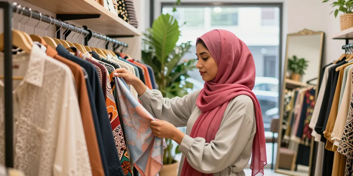 Young woman in a hijabi store exploring trendy fashion and accessories.