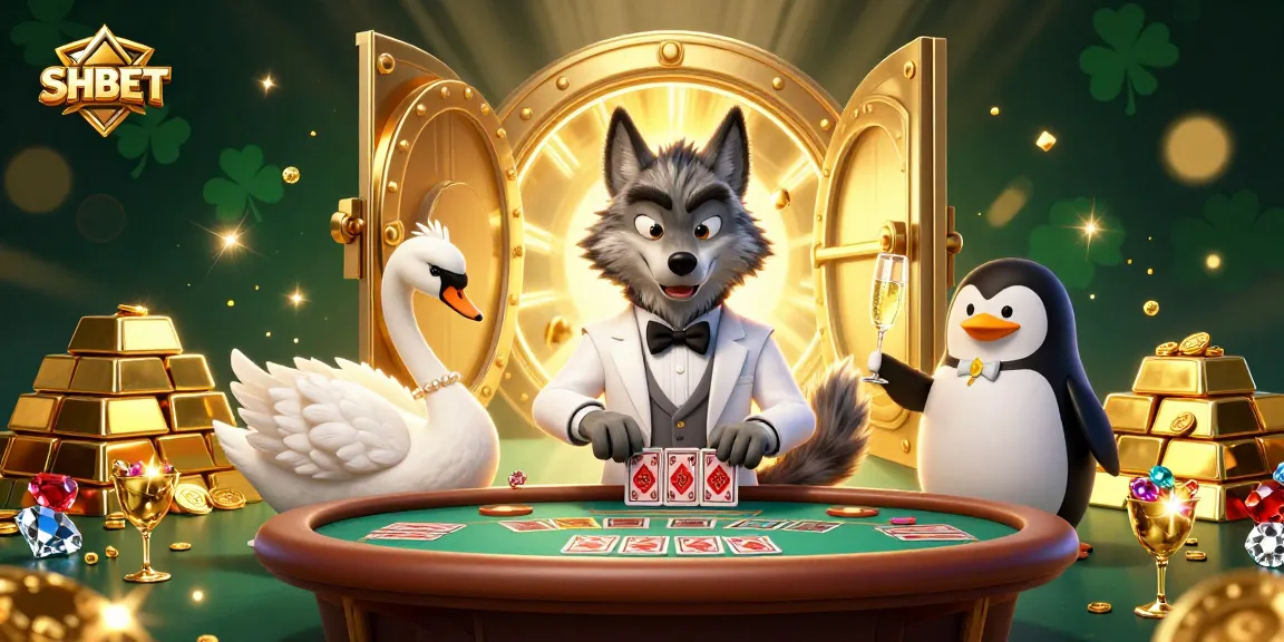 Experience thrilling baccarat at SHBET with a debonair wolf, elegant swan, and sophisticated penguin in a lavish casino.