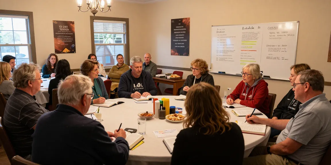 Diverse group studying Revelation Explained in a cozy church hall, engaging in meaningful discussions and sharing hope.